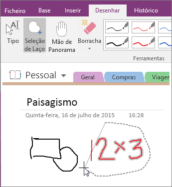 Captura de ecrã a mostrar como utilizar o botão Seleção de Laço no OneNote 2016.