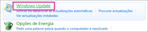 A ligação para o Windows Update no Painel de Controlo