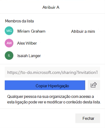 Screenshot com o menu Atribua e a opção de atribuir uma tarefa aos membros da Lista Miriam Graham, Alex Wilber ou Isaiah Langer.