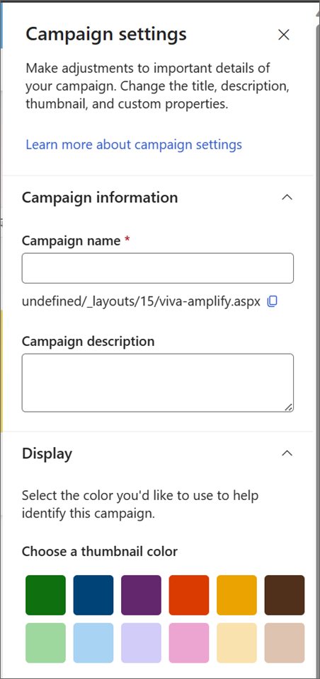 Captura de ecrã a mostrar a parte superior do painel Definições da campanha.