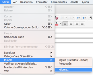 Menu Editar > Idioma no Outlook 2016 para Mac