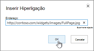 Diálogo de hiperligação com endereço web e botão OK realçado