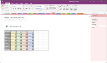 Captura de ecrã de um bloco de notas do OneNote 2016 com uma folha de cálculo do Excel incorporada.