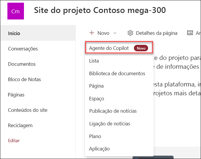 A captura de ecrã da criação de um novo agente do copilot a partir da home page do site