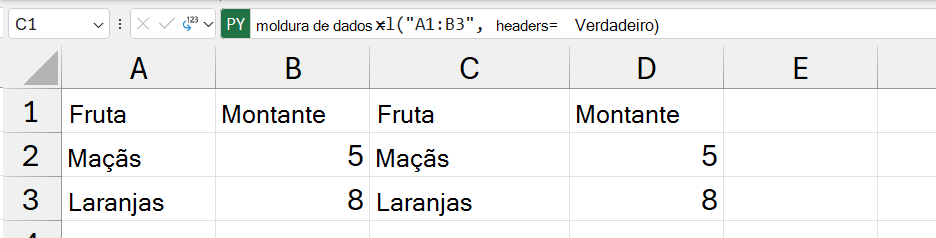 Os conteúdos do DataFrame devolvidos como valores do Excel.