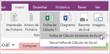 Captura de ecrã do botão Inserir Folha de Cálculo no OneNote 2016.