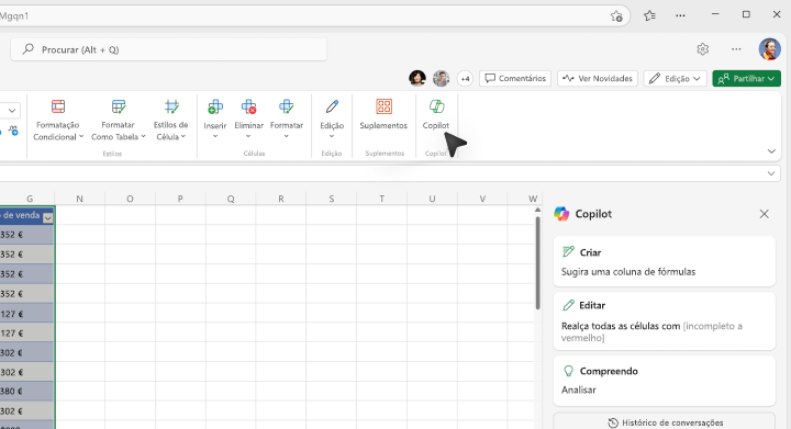 Captura de ecrã de onde selecionar o botão Copilot no friso do Excel.