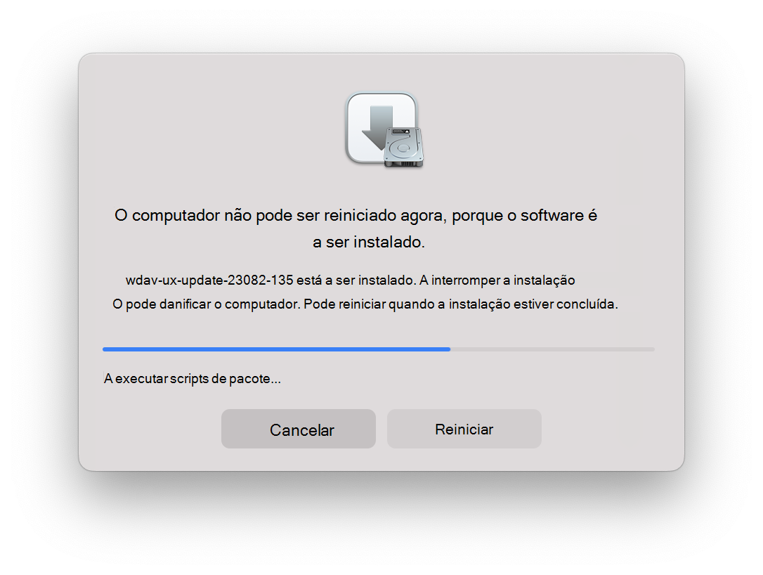Captura de ecrã a mostrar a impossibilidade de reiniciar o macOS