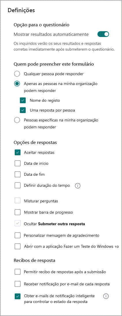 Ajustar as definições do seu formulário ou questionário no Microsoft Forms  - Suporte da Microsoft