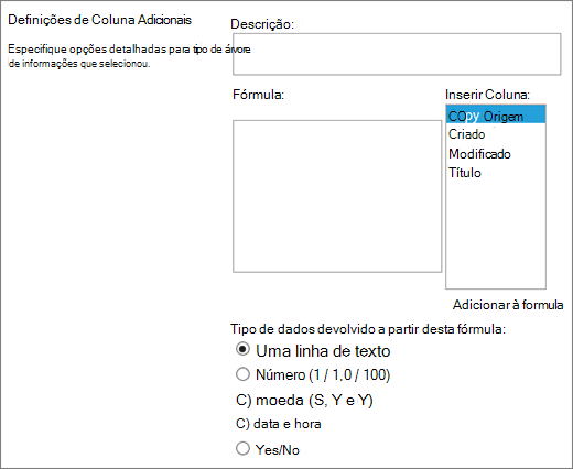 Opções de coluna calculada