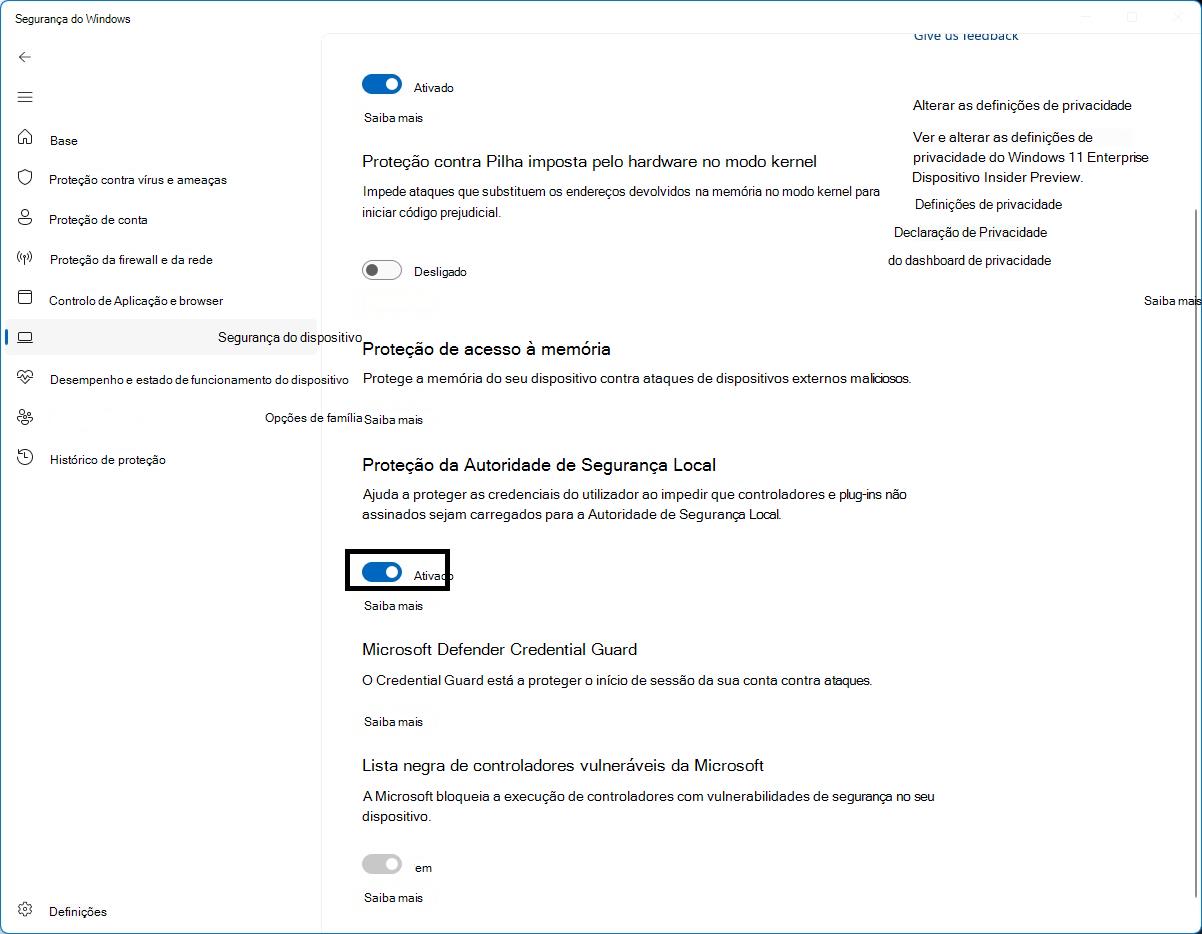 Controlo da proteção LSA na página Isolamento do Núcleo da Aplicação de Segurança do Windows