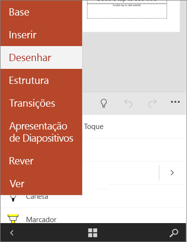 Mostra o separador Desenhar selecionado no Office Mobile.