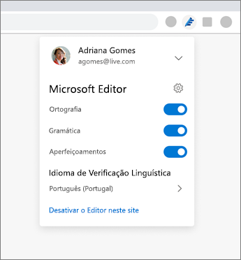 Extensão do Microsoft Editor a apresentar o menu pendente a partir do browser com definições para ativar ou desativar opções