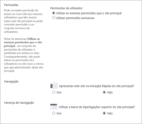 SharePoint 2016 Subsite diálogo showning navegação e permissão de secção