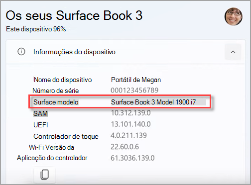 Localizar o nome do modelo do seu dispositivo Surface na aplicação Surface.