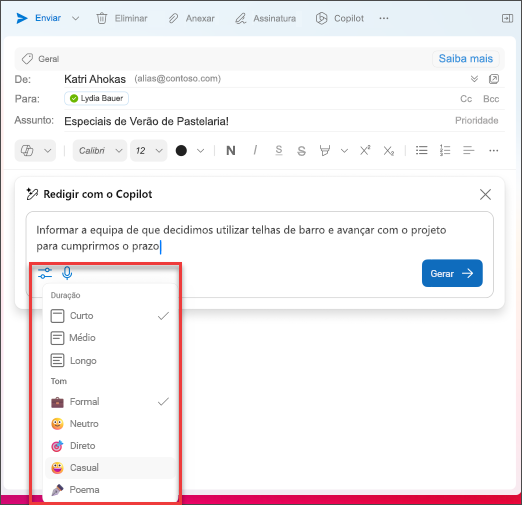 Opções de comprimento e tom a escolher ao redigir e-mails de rascunho no Outlook com o Copilot