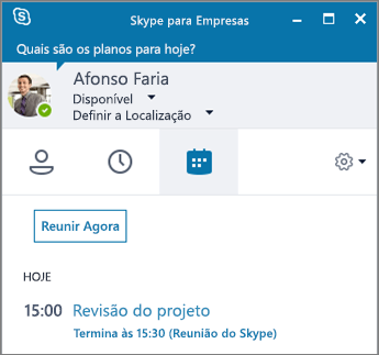 Captura de ecrã do separador Reuniões da janela Skype para Empresas.