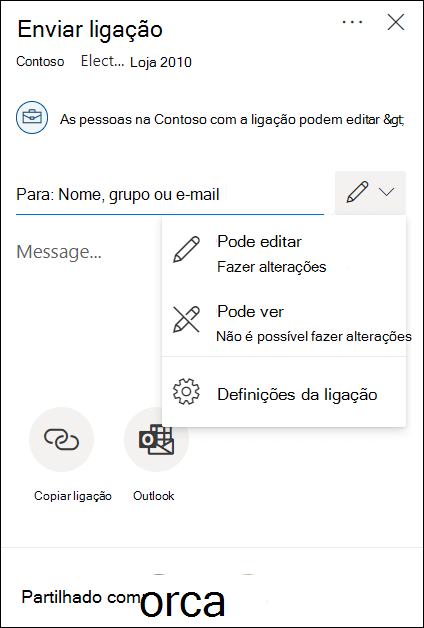 Opções de permissão de partilha do OneDrive, com opções de edição ou apenas de visualização.