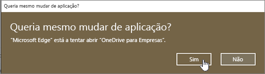 Diálogo de aplicação switch do navegador Windows 10 Edge com Sim em destaque