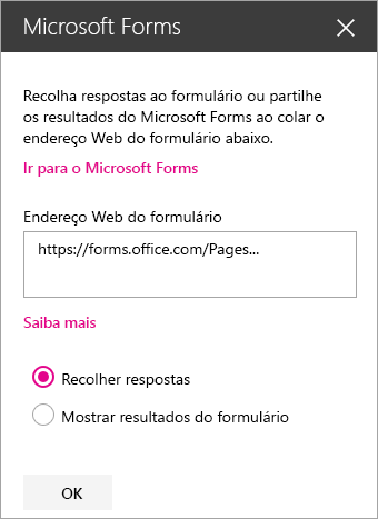 Painel da peça Web Microsoft Forms para um formulário existente.