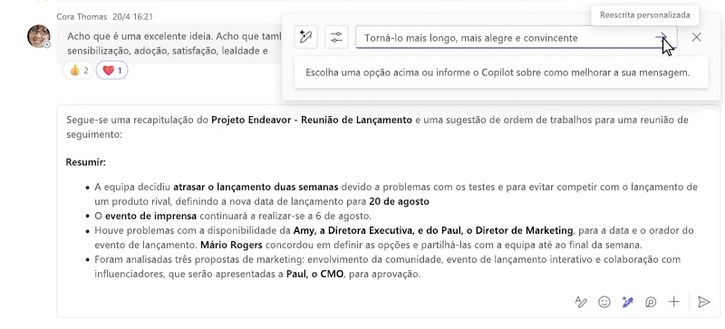 Reescrita personalizada de uma mensagem usando o Copilot no bate-papo do Microsoft Teams.
