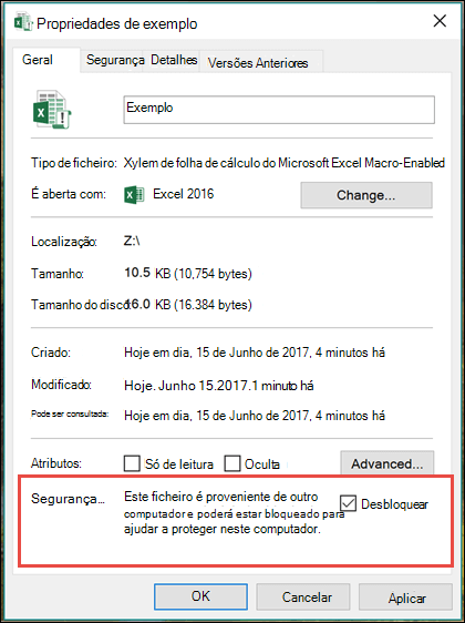 Clique com o botão direito no Windows Explorer para desbloquear as macros.