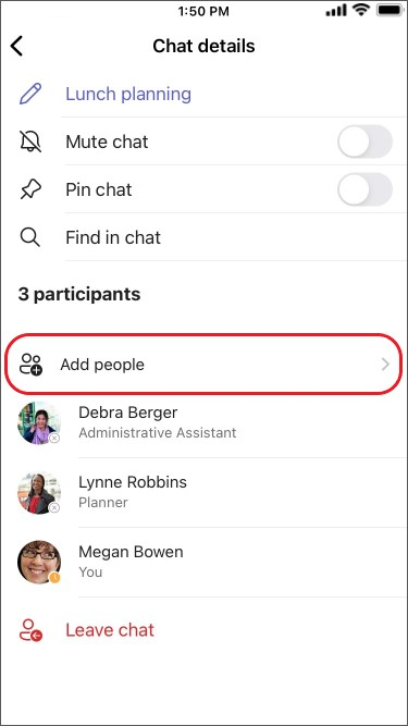 adicionar pessoas a um chat de grupo em dispositivos móveis