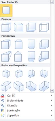 Opções de efeitos 3D do WordArt no Publisher 2010