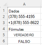 Utilizar REGEXTEST para verificar se os números de telefone estão numa sintaxe específica, com o padrão "^\([0-9]{3}\) [0-9]{3}-[0-9]{4}$"