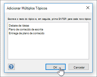 Adicione nomes de tópicos que pretende adicionar, um por linha.