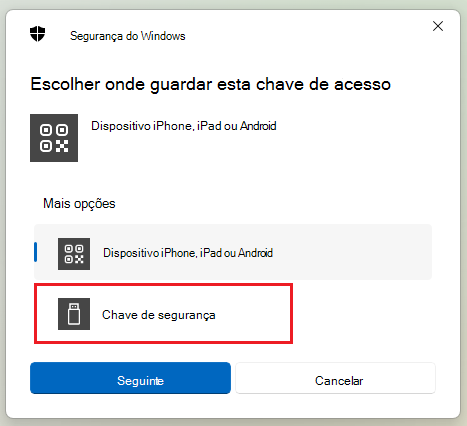 Captura de ecrã a mostrar como guardar uma chave de segurança no Windows 11.