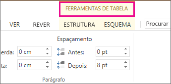 Imagem do comando Ferramentas de Tabela que aparece na parte superior do friso quando clica em qualquer parte da tabela.