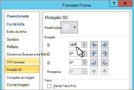 Caixa de diálogo Formatar Forma com rotação 3D X selecionada