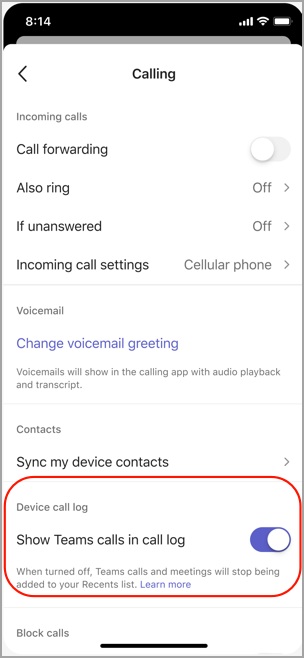 Mostrar ou ocultar chamadas do Teams no registo de chamadas no iOS.