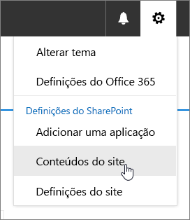 Definições menu com Conteúdos do Site realçada