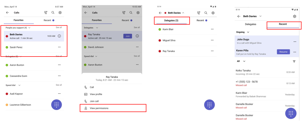 Four screenshots show the steps of how to join a call your delegate answered or view what permissions a delegate has. From call history, select an active call to join. Or select the delegate's name, then select View permissions.