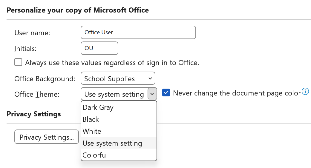 A seleção de menu pendente para Tema do Office expandida na caixa de diálogo Opções.