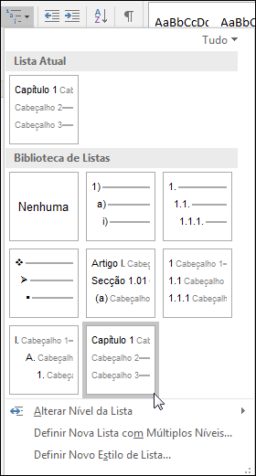 Utilize a lista com múltiplos níveis de títulos de capítulos para formatar os títulos dos capítulos a serem incluídos nas legendas.