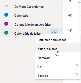 Uma captura de écran do menu de contexto do calendário com a opção Novo Nome selecionada