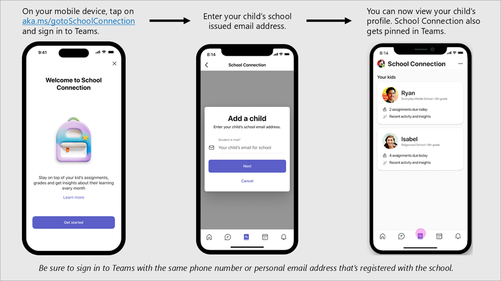 Captura de ecrã a mostrar os passos para integrar Ligação Escolar com um dispositivo móvel.