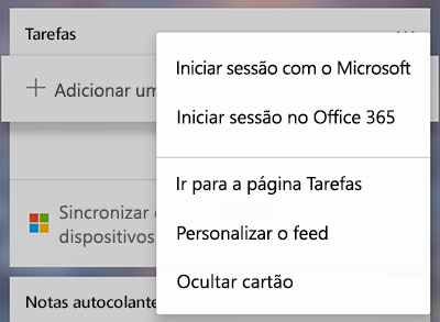Screenshot mostrando a opção de iniciar sessão com a Microsoft ou o Office 365 no menu mais Tasks