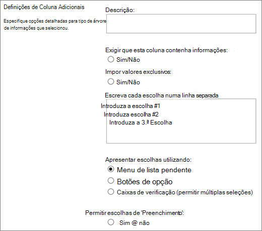 Opções para colunas Escolha