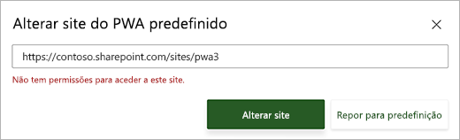 Screenshot de Alterar caixa de diálogo padrão PWA site com uma mensagem de erro vermelho por baixo da caixa de texto