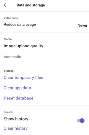 Dados e armazenamento do Teams Android