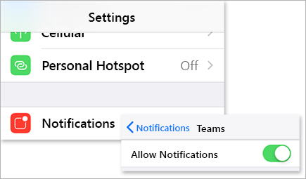 Imagem a mostrar a opção Permitir Notificações alterada para a posição Ativado no Microsoft Teams