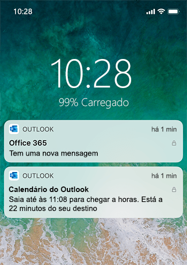 Uma imagem a mostrar o ecrã de bloqueio de um iPhone com notificações do Outlook que não apresentam informações detalhadas, mas apenas informam que foi recebida uma nova mensagem.
