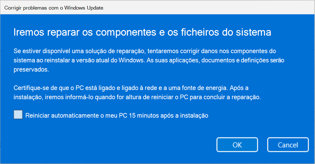 Captura de ecrã a mostrar a opção Corrigir problemas ao utilizar Windows Update a explicar que os componentes e os ficheiros do sistema serão reparados com Windows Update.