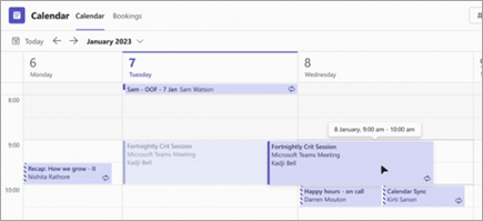 Captura de ecrã a mostrar como arrastar e largar um evento num novo horário no calendário do Teams