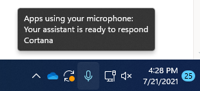 Captura de ecrã do ícone do microfone na barra de borla.