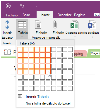Screenshot of how to add a table in OneNote 2016.